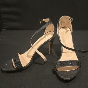 Stunning Glitter And Rhinstone Black Strappy Heels With 3.5 Inch Heel.
